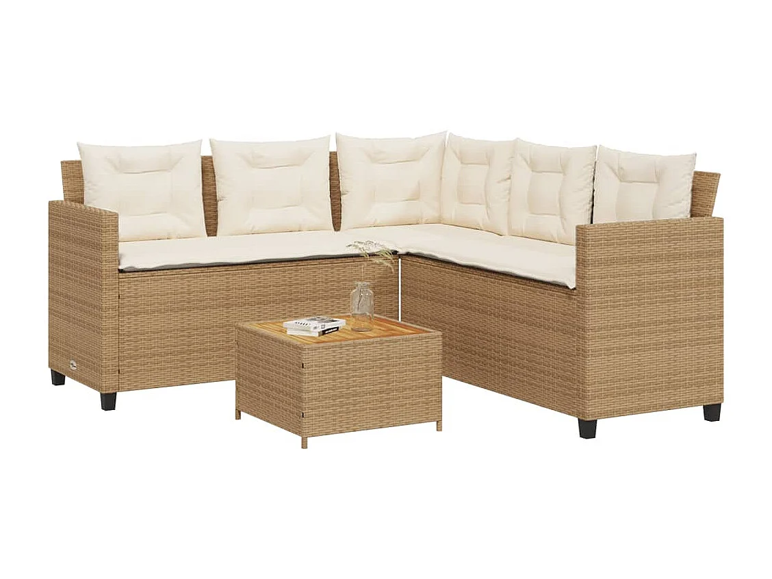 Sofá de jardín en forma de L con mesa y cojines ratán PE beige