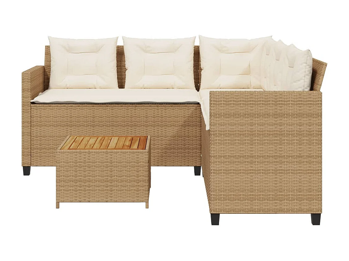 Sofá de jardín en forma de L con mesa y cojines ratán PE beige