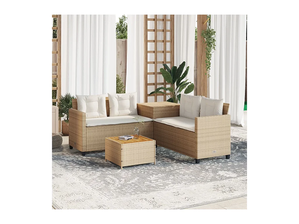Canapé de jardin avec table et coussins en forme de L beige