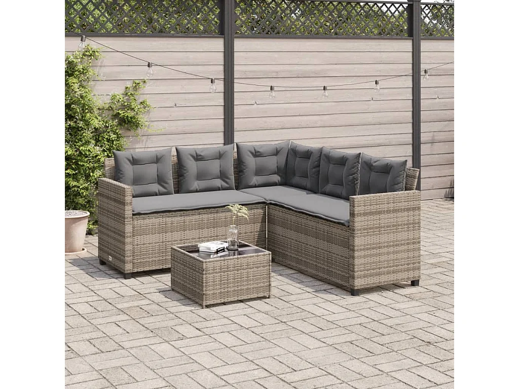 Tuinbank met tafel en kussens L-vormig poly rattan grijs