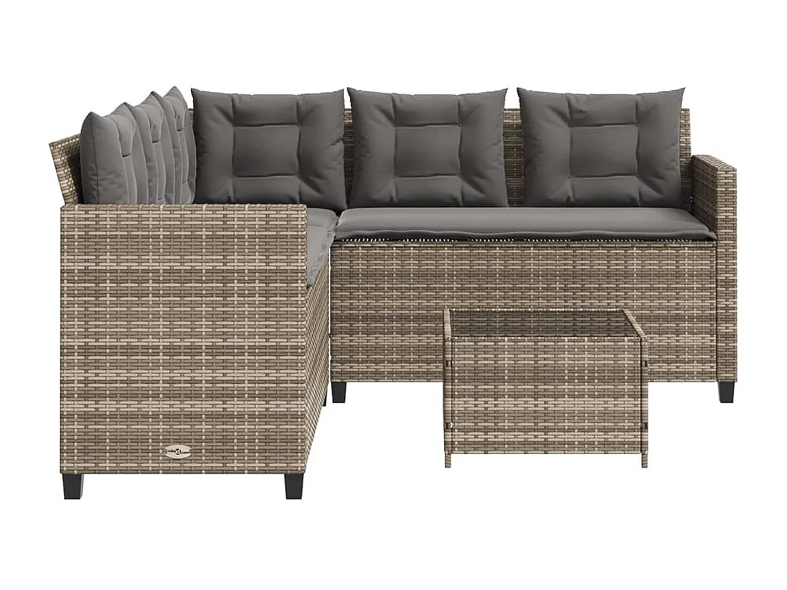 Tuinbank met tafel en kussens L-vormig poly rattan grijs