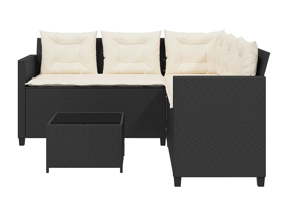 Sofá de jardín en forma de L con mesa y cojines ratán PE negro