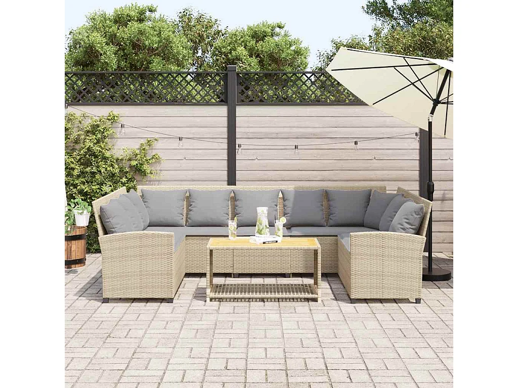 Canapé de jardin avec coussins beige résine tressée