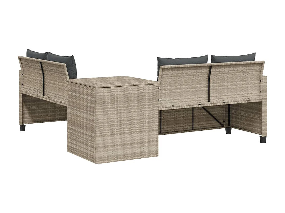 Tuinbank met tafel en kussens L-vormig poly rattan lichtgrijs