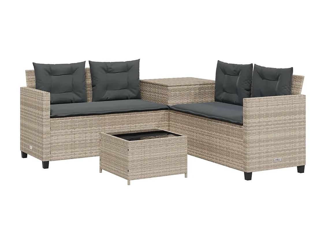 Sofá de jardim em L com mesa e almofadões vime PE cinzento-claro