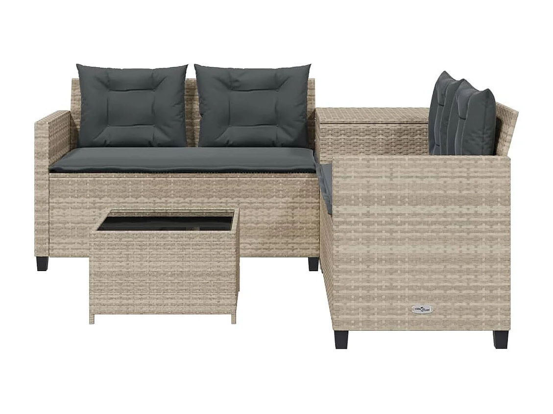 Sofá de jardim em L com mesa e almofadões vime PE cinzento-claro