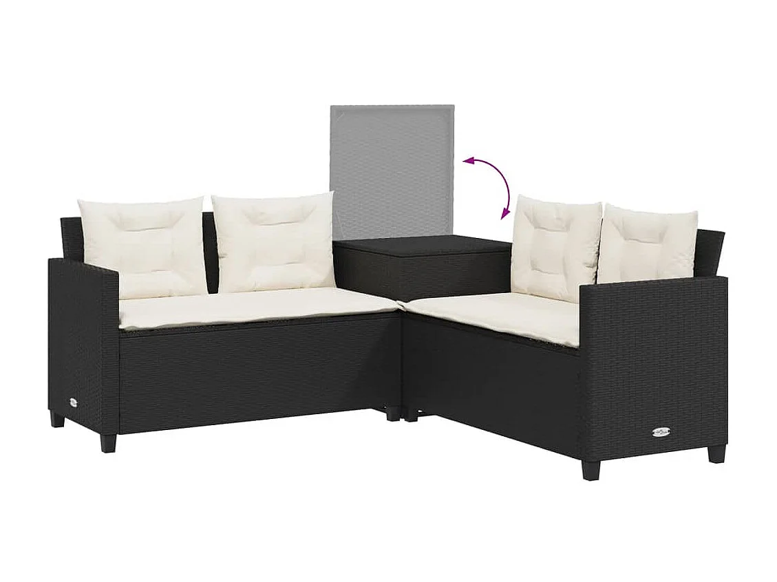 Canapé de jardin avec table et coussins en forme de L noir