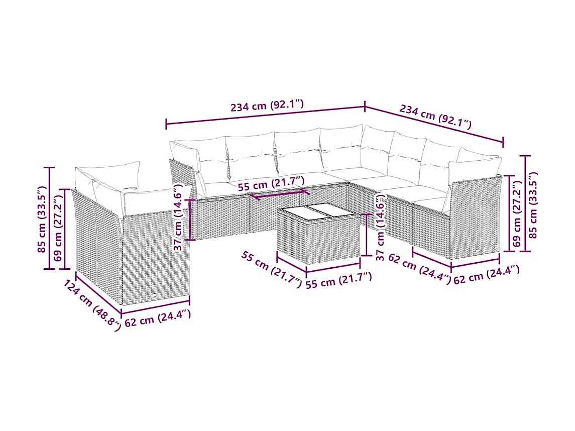 10 peças conj. sofás jardim com almofadões vime PE cinzento-claro