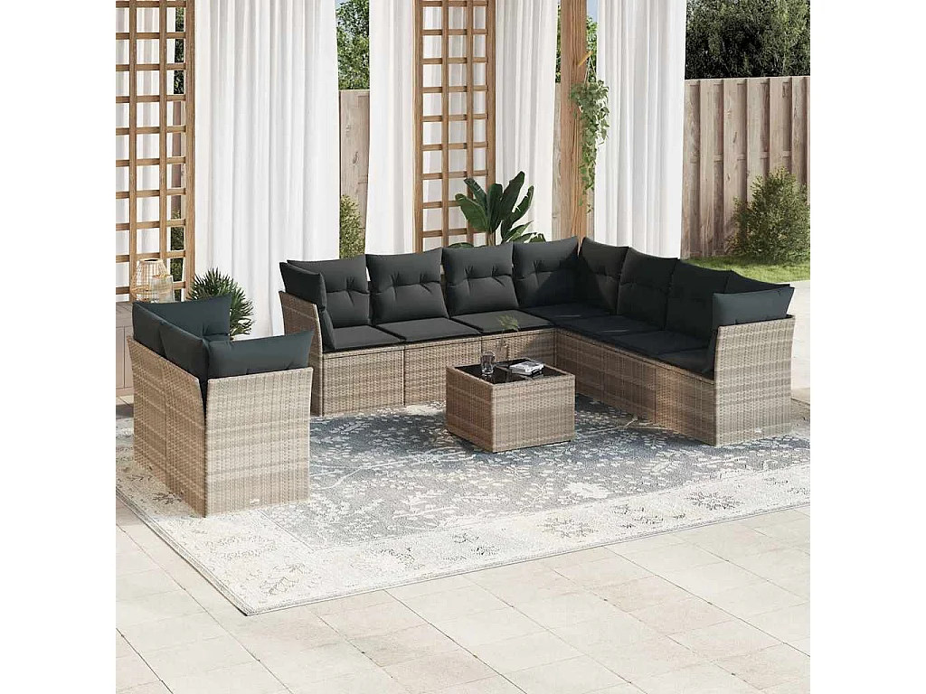 Salon de jardin avec coussins 10 pièces gris clair résine tressée