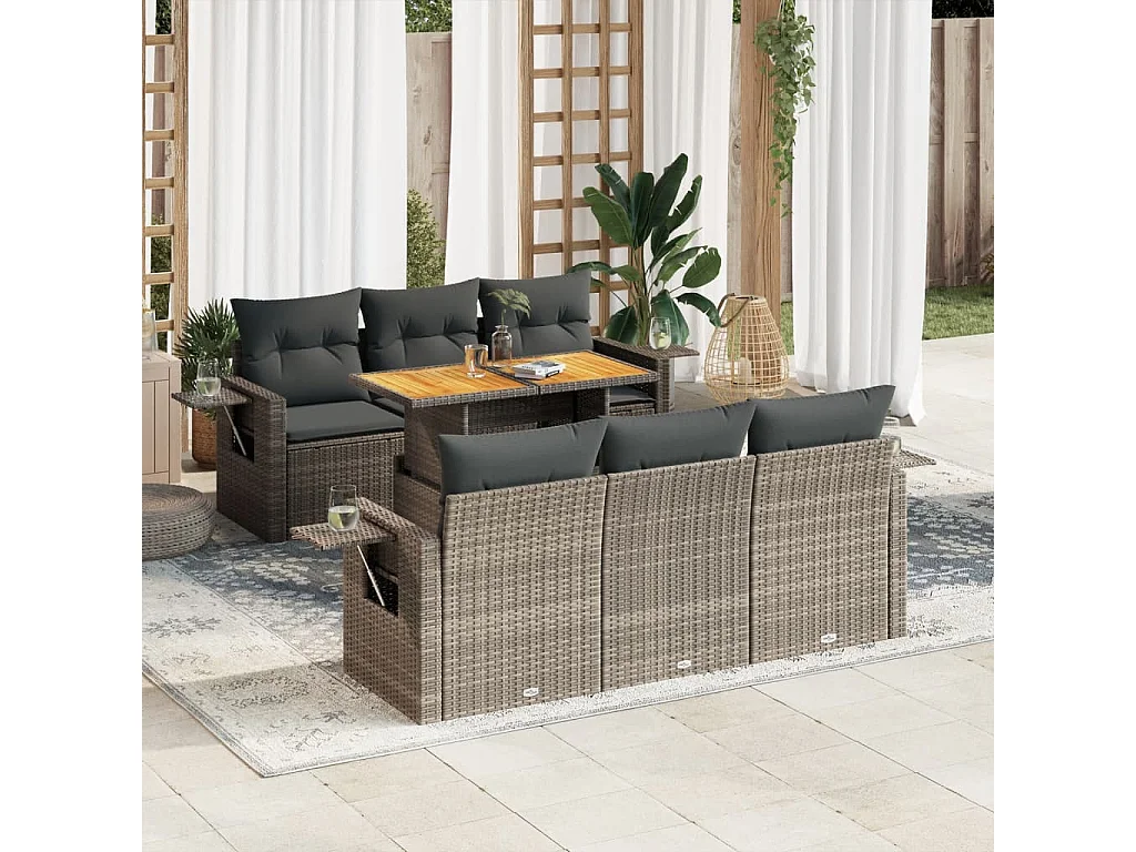 7 peças conjunto sofás para jardim com almofadões vime PE cinzento