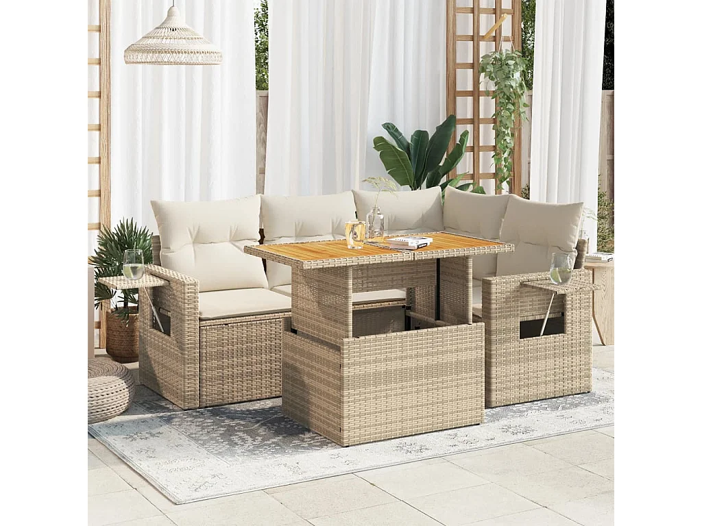 Salon de jardin avec coussins 5 pièces beige résine tressée