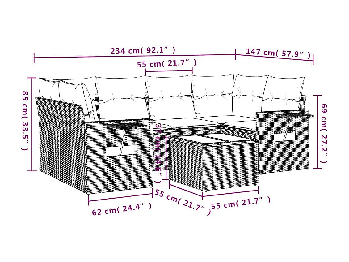 7 peças conj. sofás jardim com almofadões vime PE cinzento-claro