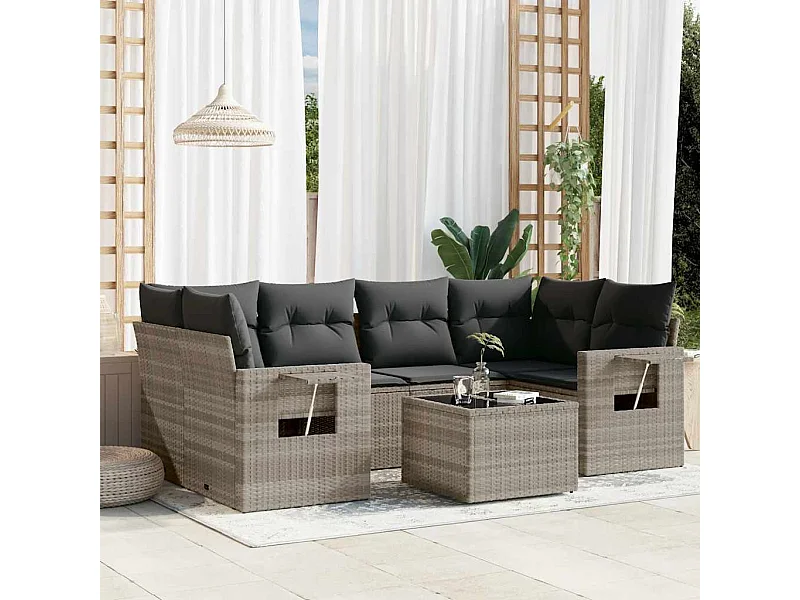 Salon de jardin avec coussins 7 pièces gris clair résine tressée