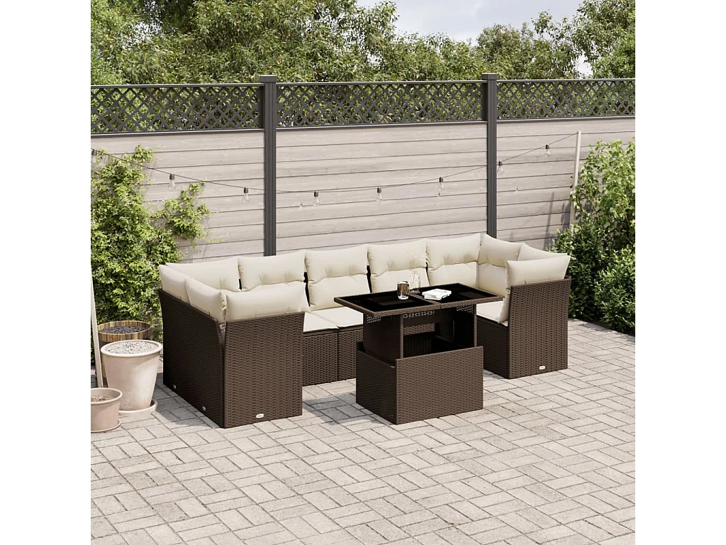 8-delige Loungeset met kussens poly rattan bruin