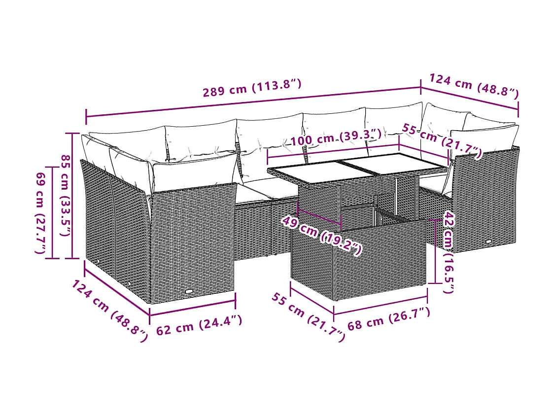 Set sofás de jardín 8 piezas y cojines ratán sintético marrón