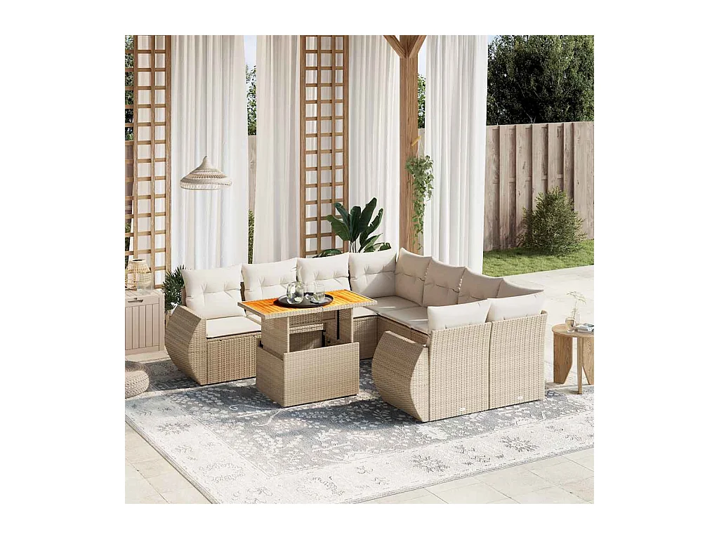 9-delige Loungeset met kussens poly rattan beige