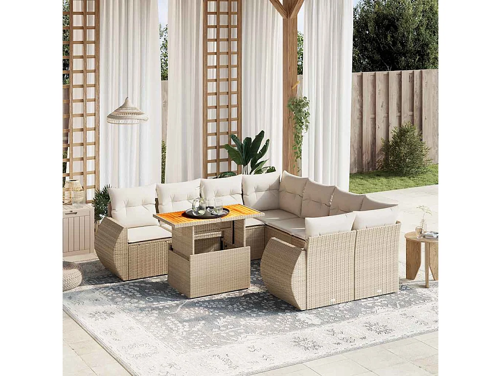 Salon de jardin avec coussins 9 pièces beige résine tressée
