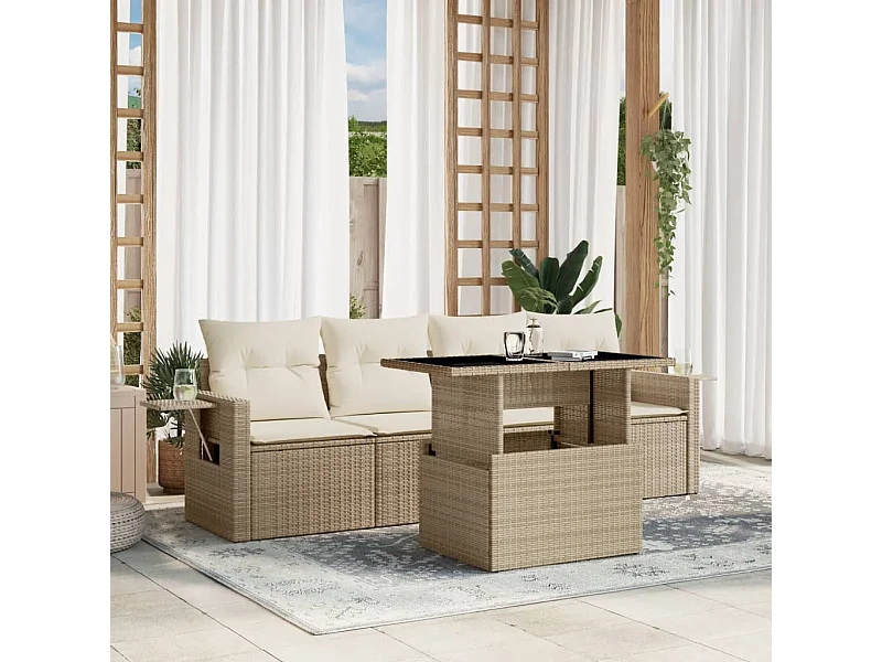 Salon de jardin avec coussins 5 pièces beige résine tressée
