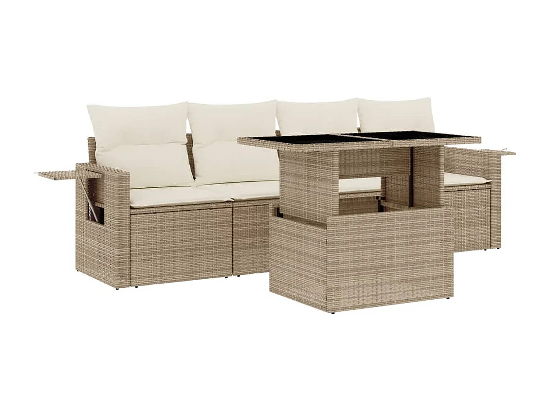 Salon de jardin avec coussins 5 pièces beige résine tressée