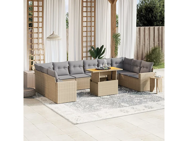 Salon de jardin 11 pièces avec coussins beige résine tressée