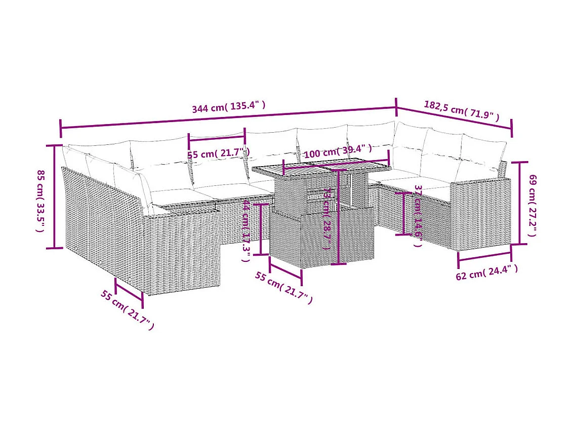 11 peças conjunto sofás de jardim com almofadões vime PE bege