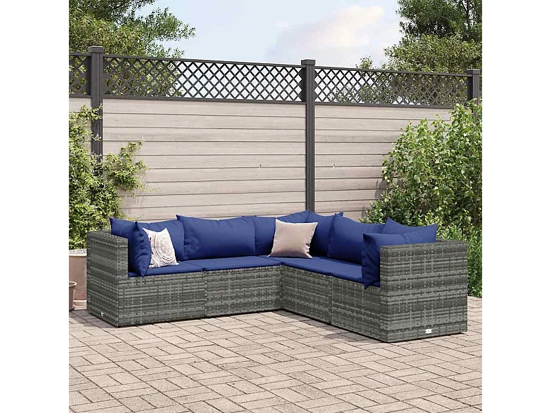 Set de muebles de jardín 5 piezas y cojines ratán sintético gris