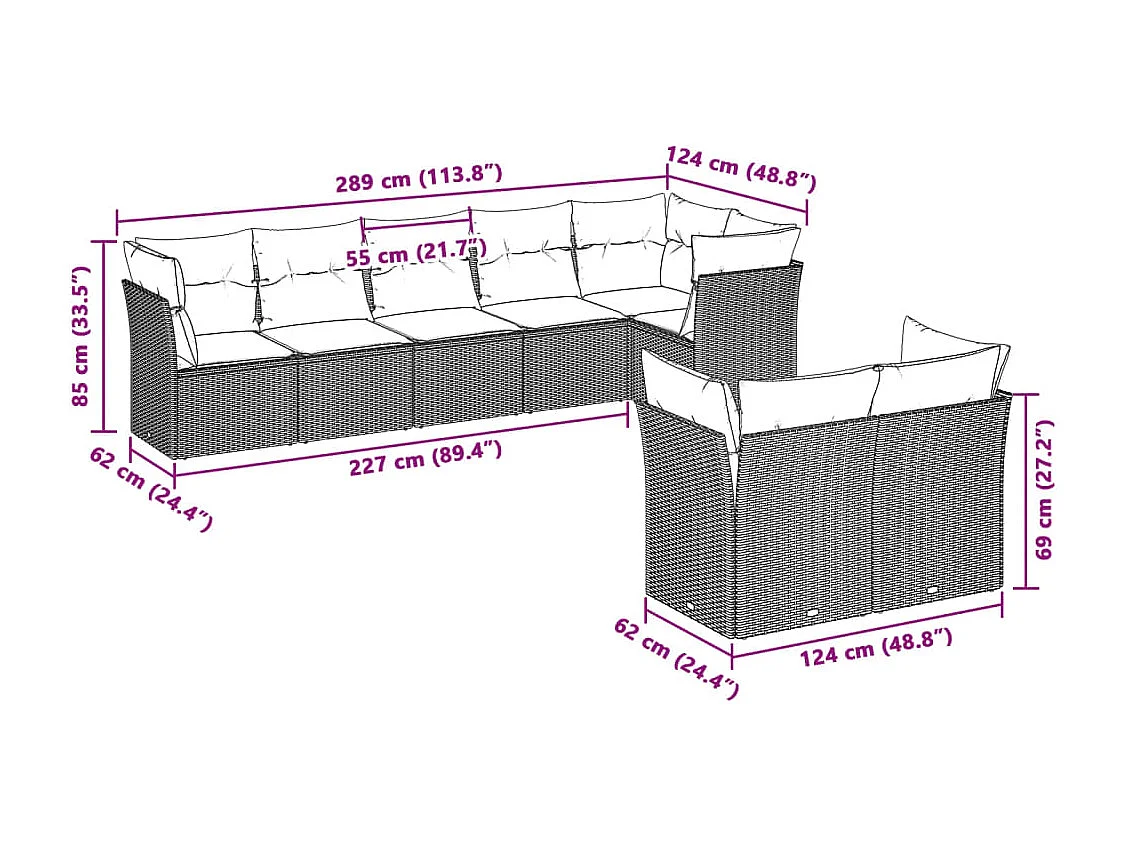 8 peças conj. sofás jardim com almofadões vime PE cinzento-claro