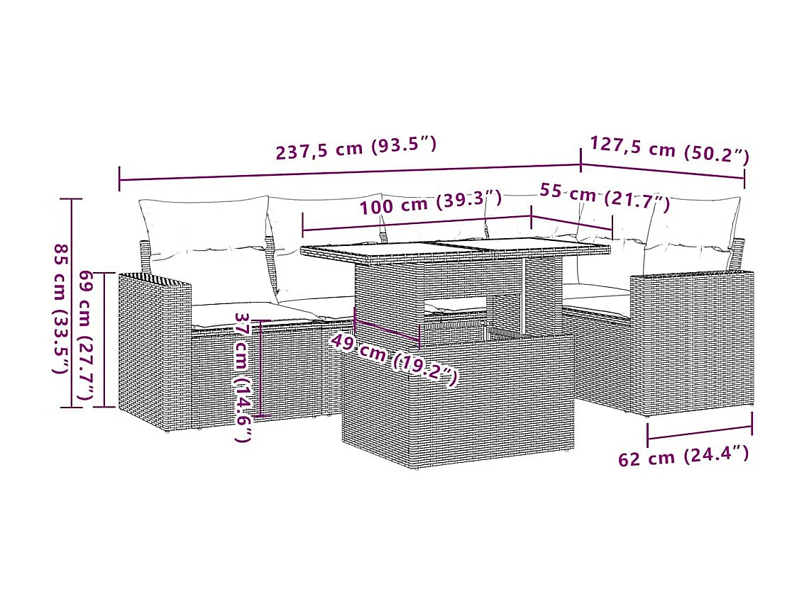 6-delige Loungeset met kussens poly rattan beige