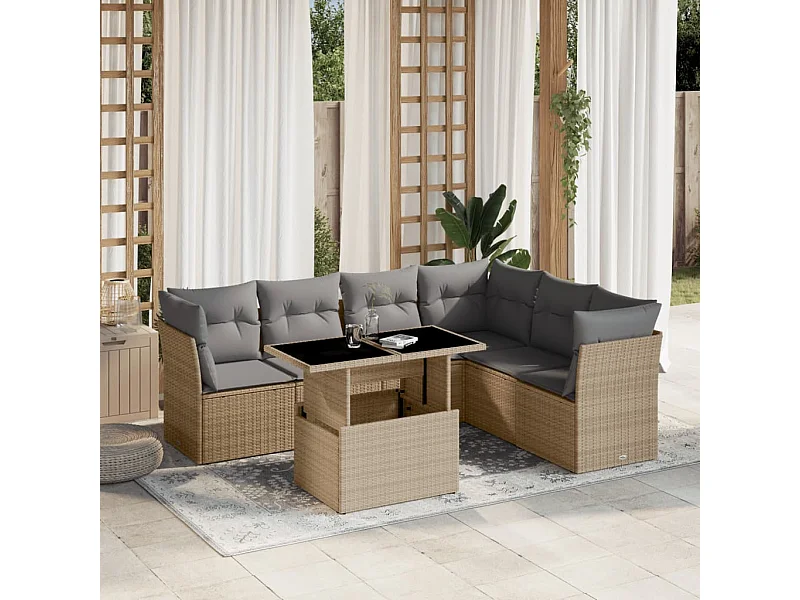Set sofás de jardín 7 piezas y cojines ratán sintético beige