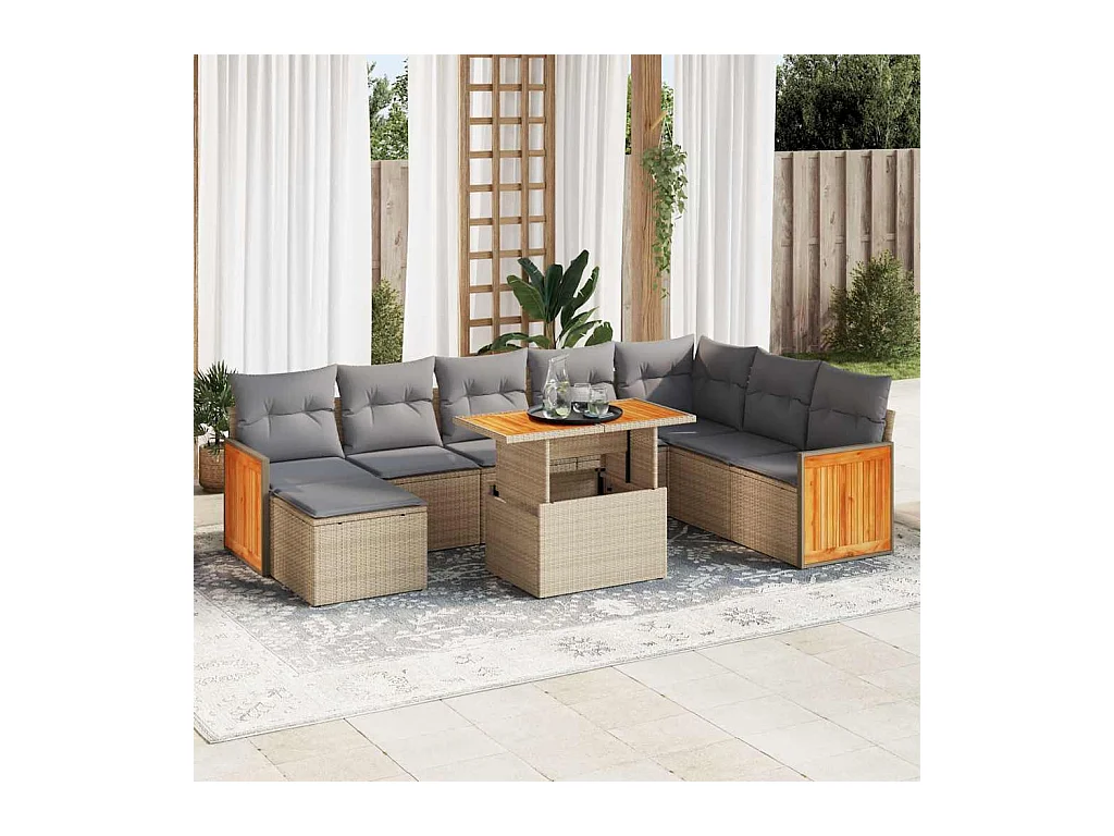 7 peças conjunto sofás jardim com almofadões vime PE/acácia bege