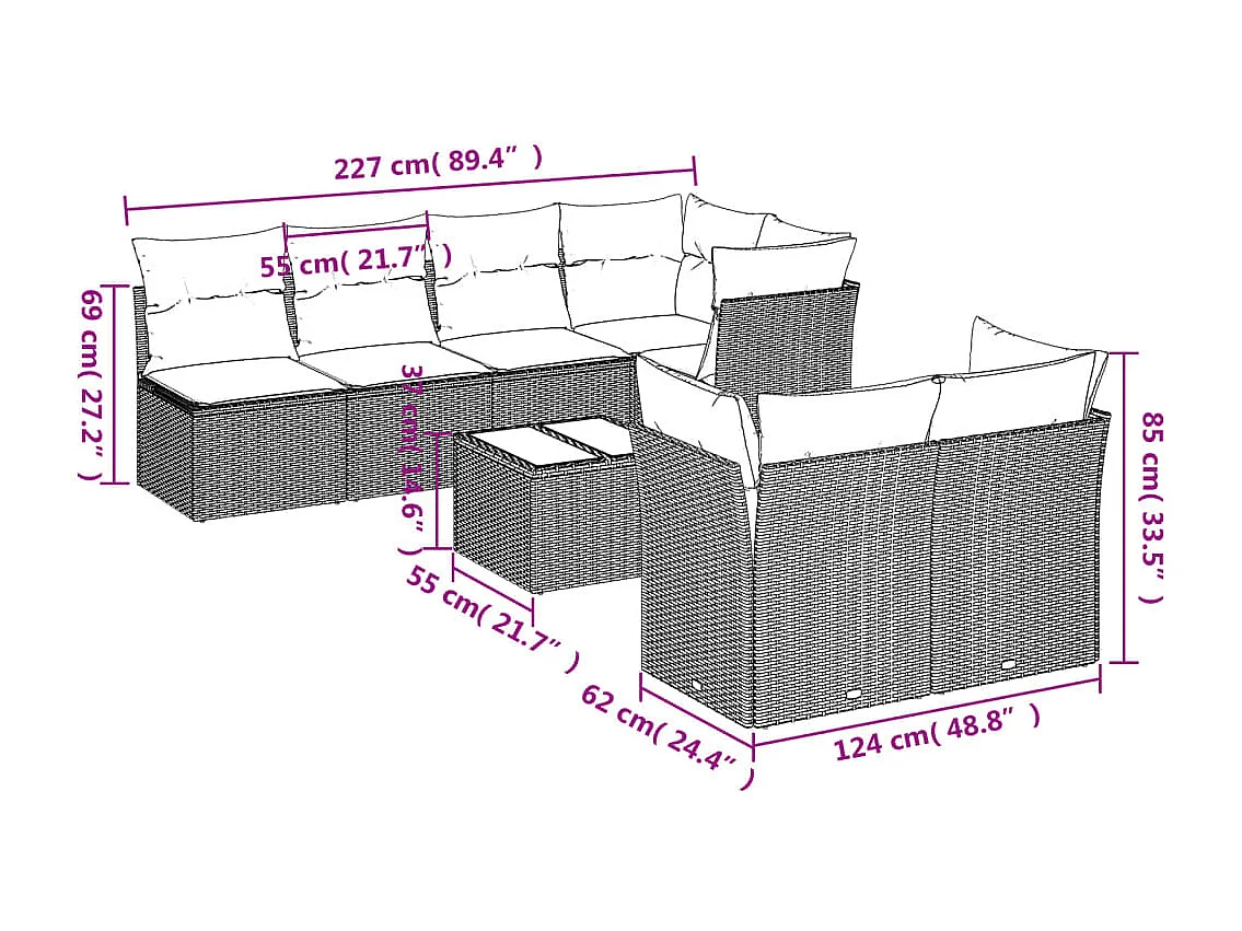 Salon de jardin 8 pièces avec coussins gris clair résine tressée