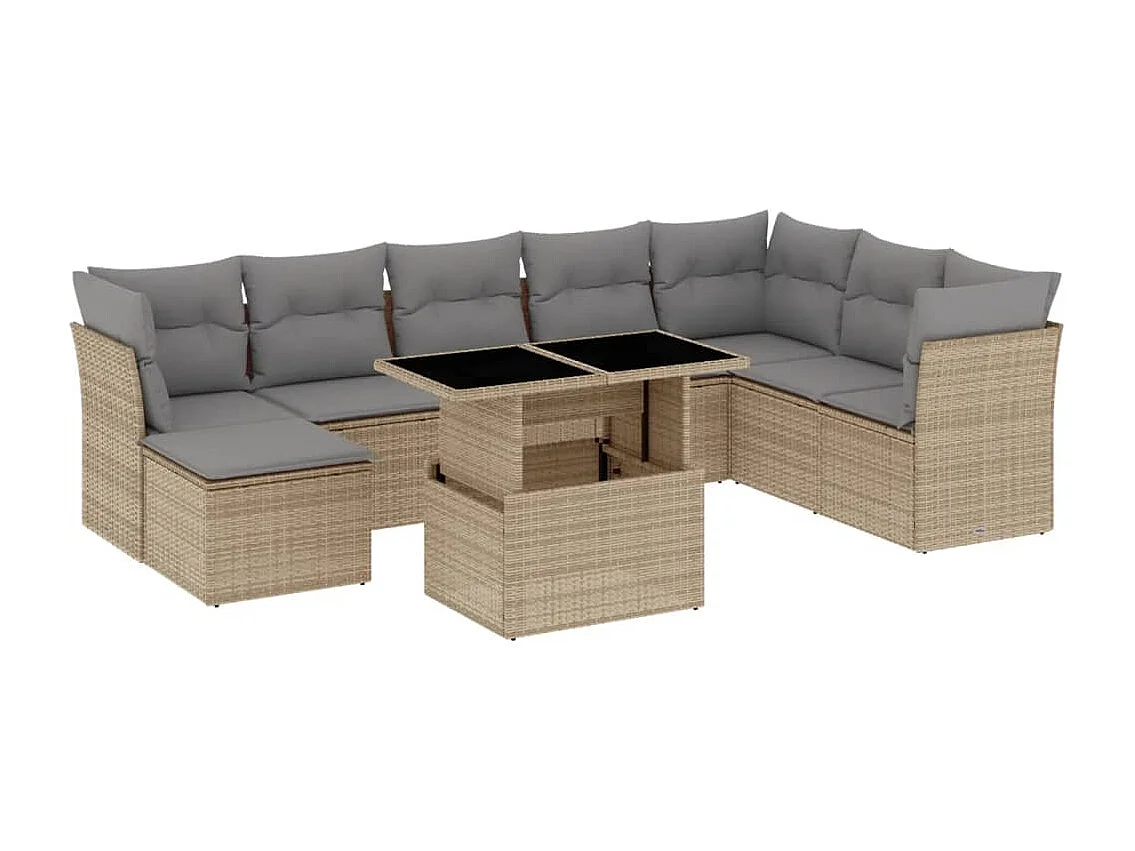 Salon de jardin avec coussins 9 pièces beige résine tressée