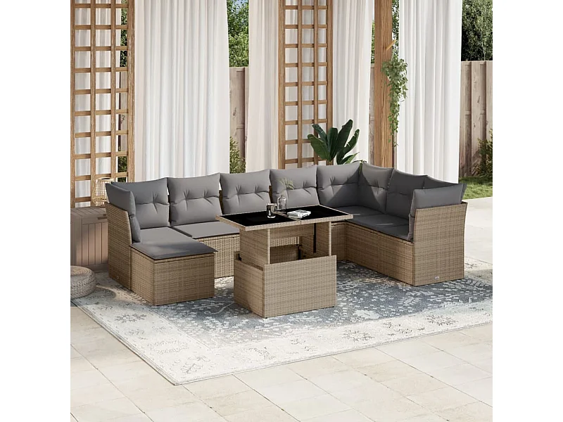 Salon de jardin avec coussins 9 pièces beige résine tressée