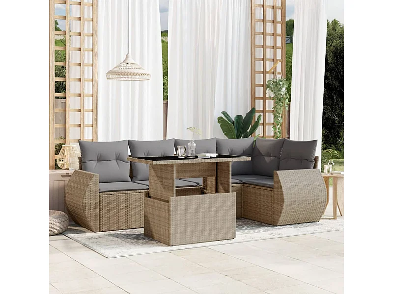 Salon de jardin avec coussins 6 pièces beige résine tressée