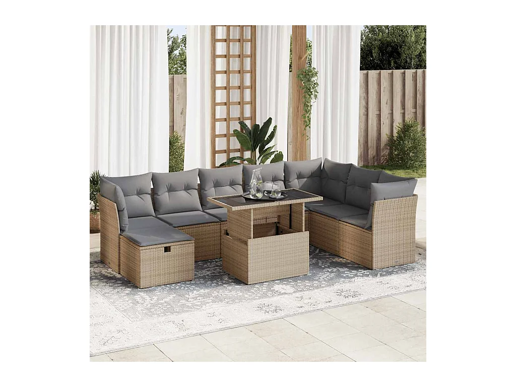 9 peças conjunto de sofás para jardim com almofadões vime PE bege