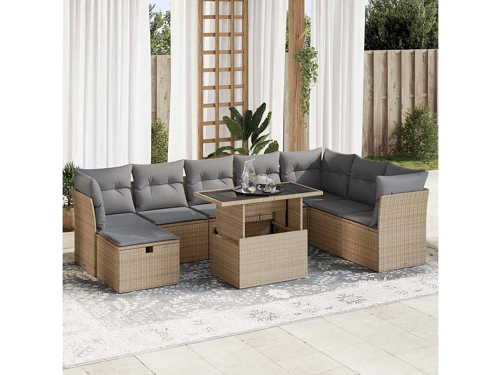 9-delige Loungeset met kussens poly rattan beige