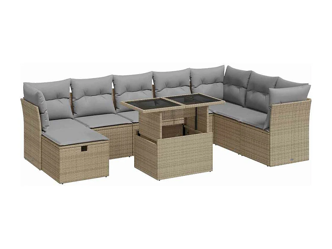 9-delige Loungeset met kussens poly rattan beige