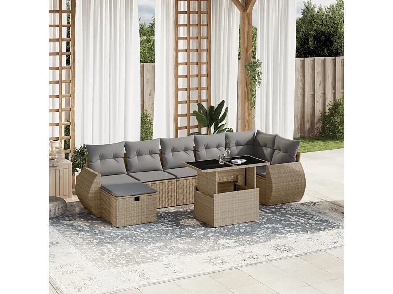 Salon de jardin avec coussins 8 pièces beige résine tressée