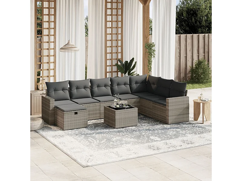 9 peças conj. sofás jardim com almofadões vime PE cinzento-claro