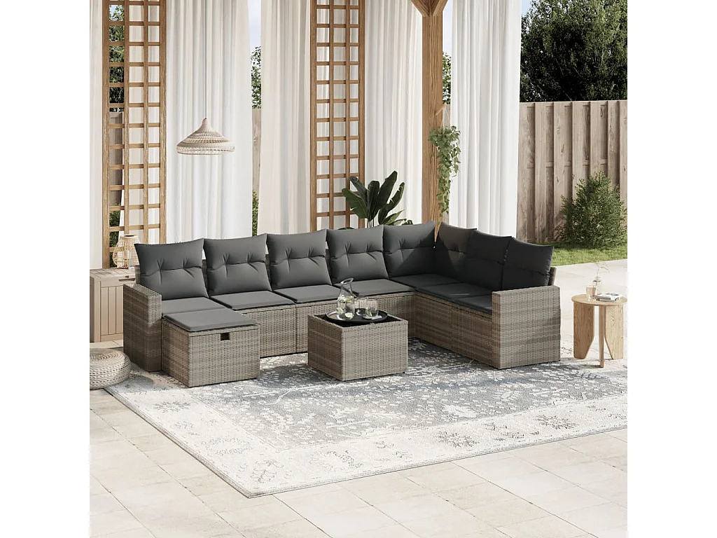 Salon de jardin 9 pièces avec coussins gris clair résine tressée