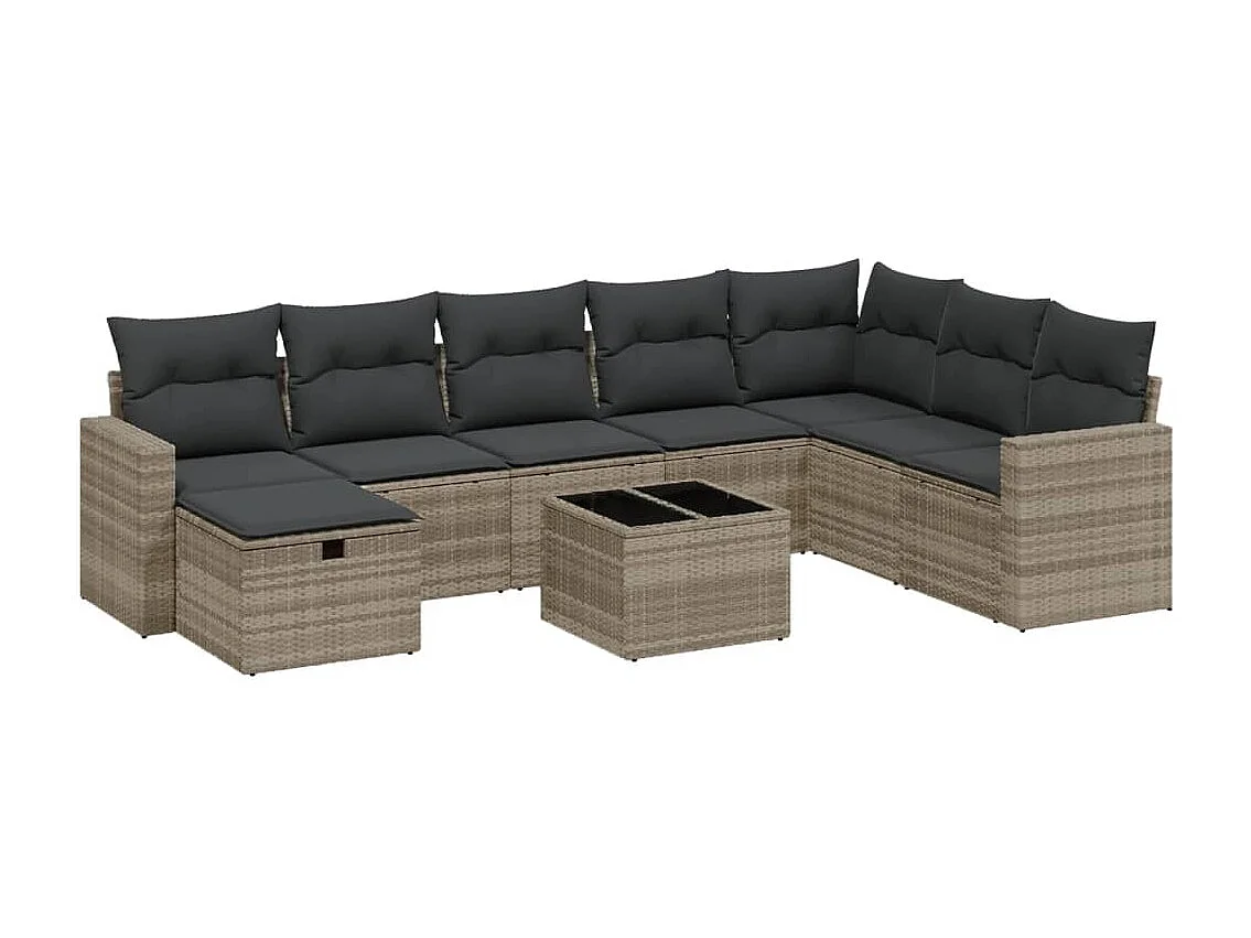 Salon de jardin 9 pièces avec coussins gris clair résine tressée