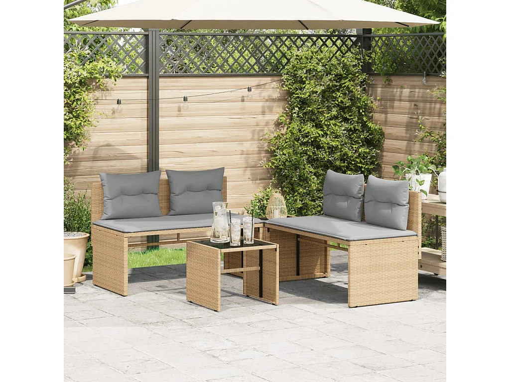 Salon de jardin avec coussins 4 pièces beige résine tressée