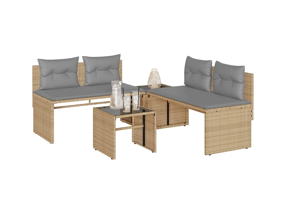 Salon de jardin avec coussins 4 pièces beige résine tressée