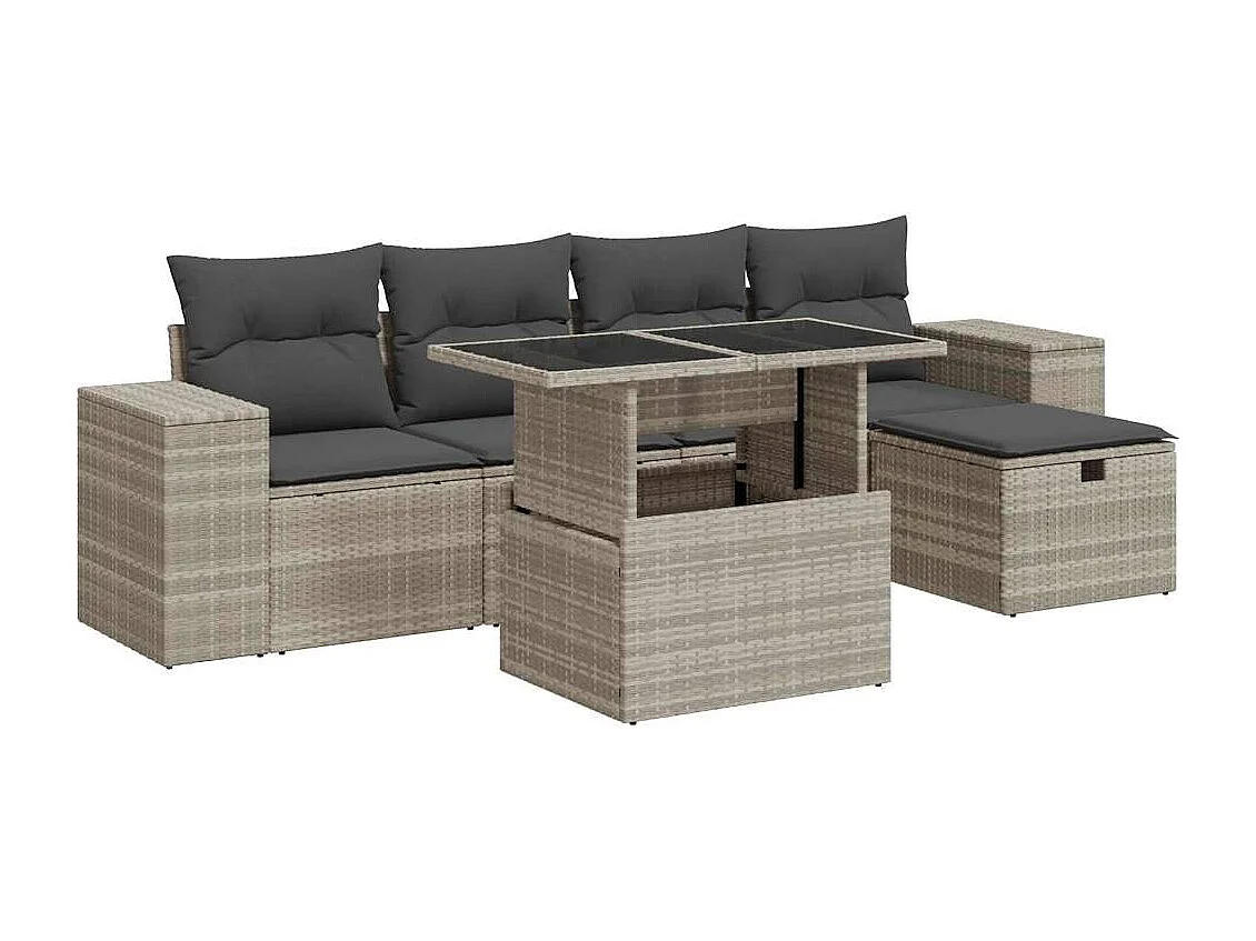 6-delige Loungeset met kussens poly rattan lichtgrijs