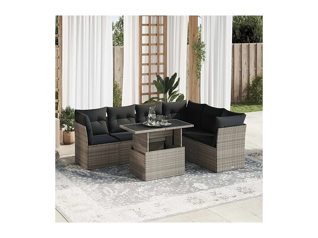 7-delige Loungeset met kussens poly rattan grijs