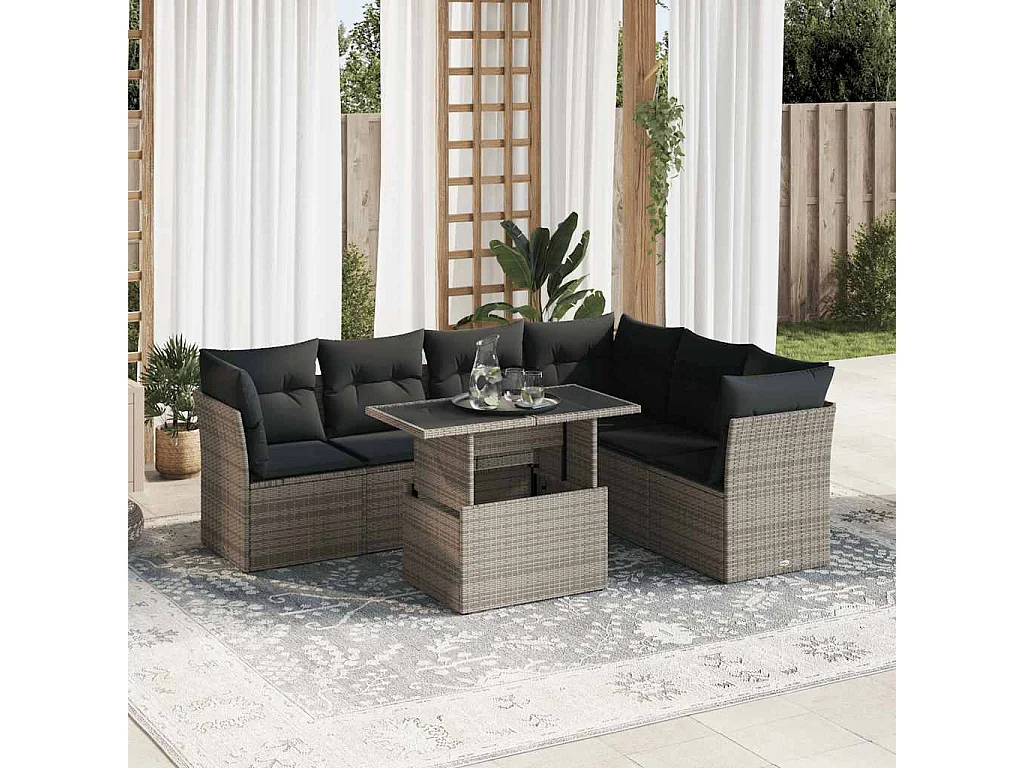 7-delige Loungeset met kussens poly rattan grijs