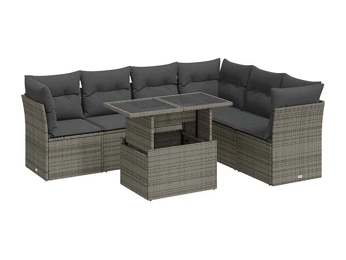 7-delige Loungeset met kussens poly rattan grijs