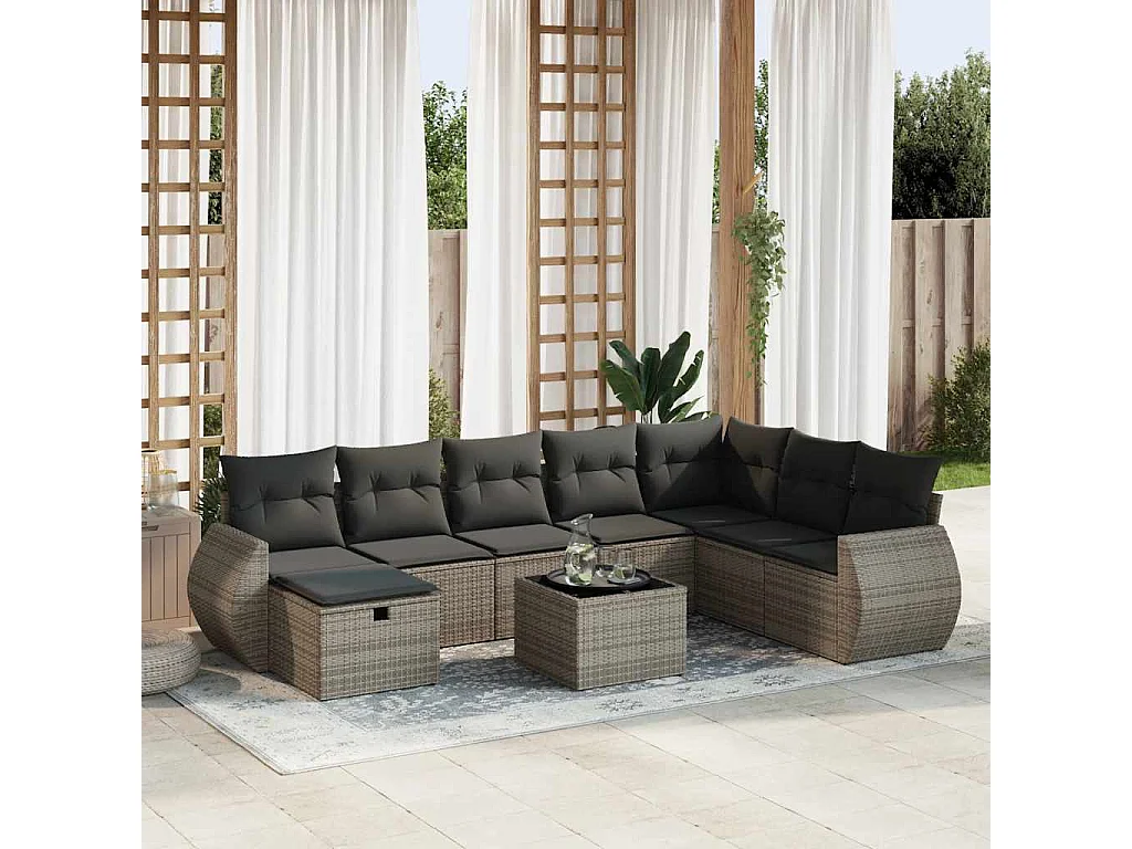 Salon de jardin 9 pièces avec coussins gris résine tressée