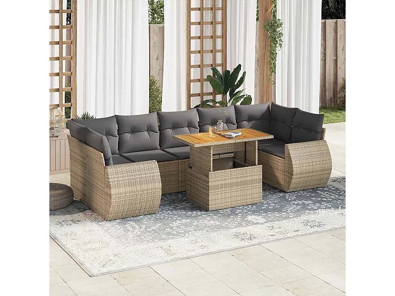 Salon de jardin avec coussins 8 pièces beige résine tressée