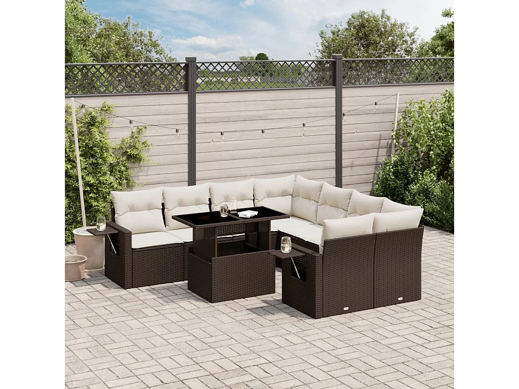 Salon de jardin avec coussins 9 pièces marron résine tressée